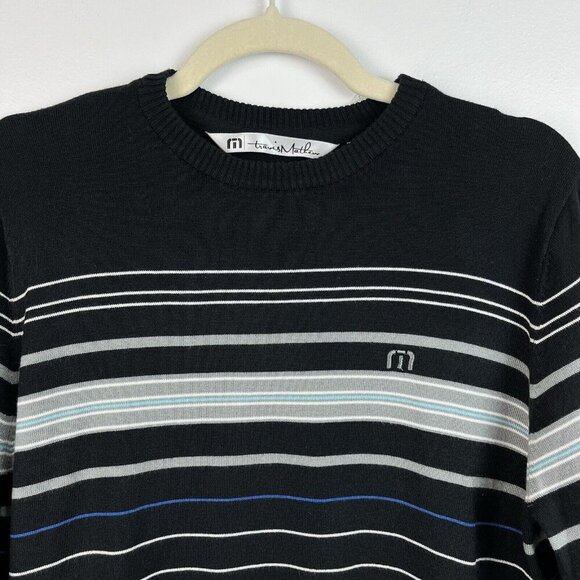 Travis Mathew Sweater Men’s M Black Striped Crew Neck‎ Pullover Golf Lightweight - Picture 2 of 10